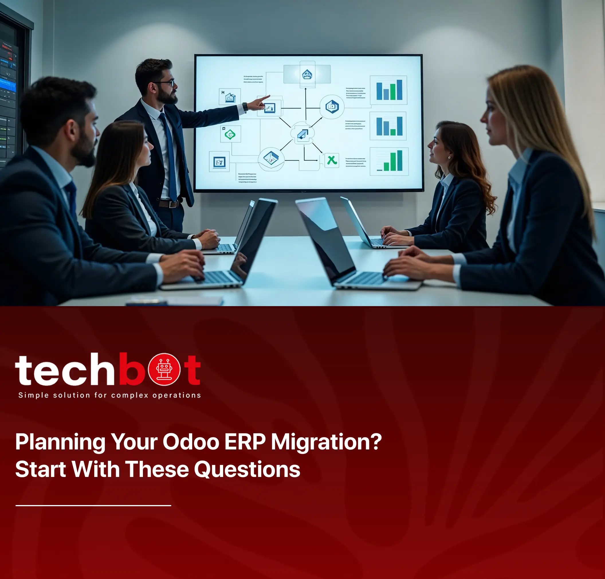Illustration showing three key phases of Odoo ERP migration—pre-migration planning, technical considerations during migration, and post-migration activities—featuring icons of checklists, gear settings, and user training.