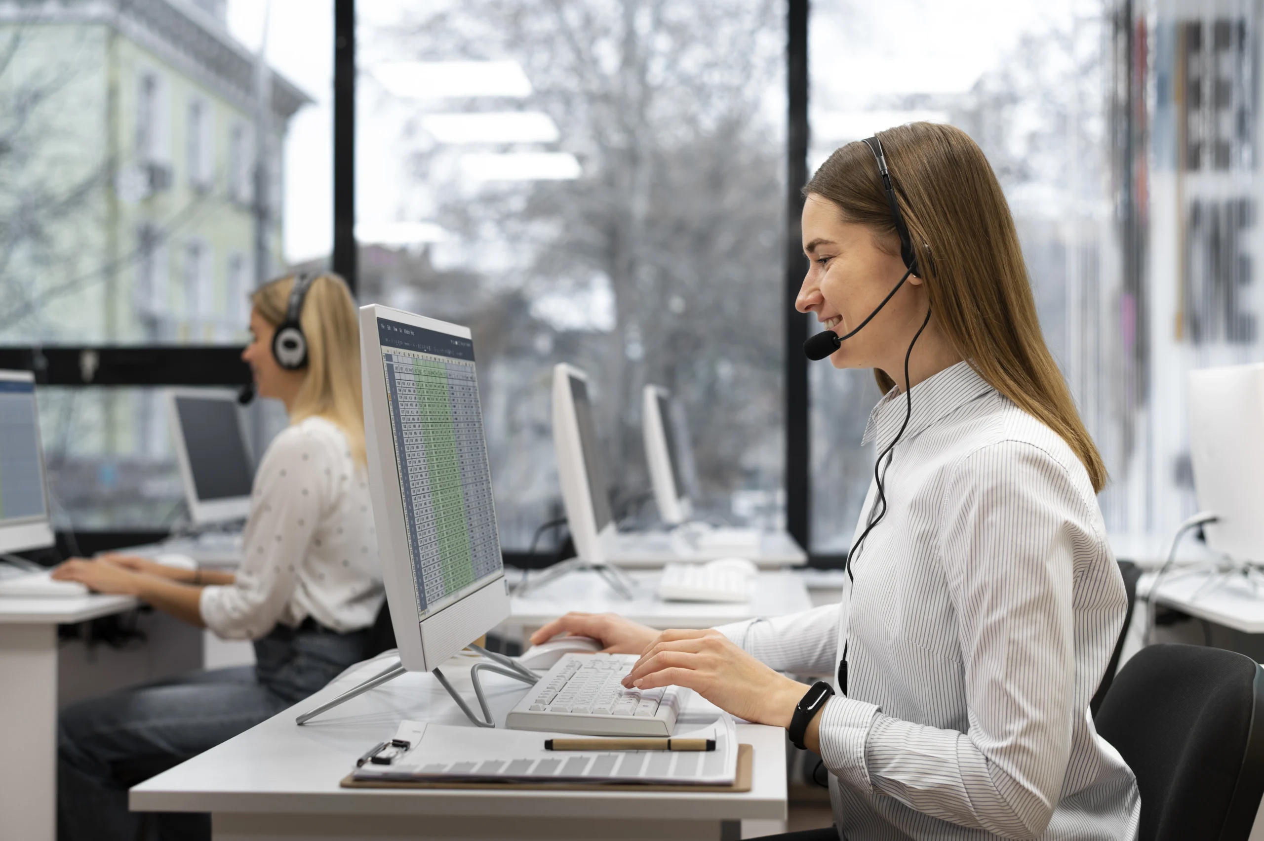 Customer support team ready to assist over the phone, symbolizing reliable and accessible service with headset icon and call center background.