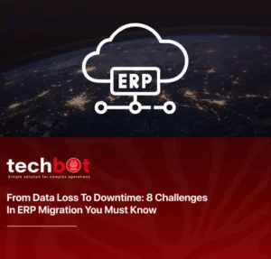 ERP migration challenges visual showing data loss, downtime, poor adoption, and system errors during enterprise software transition