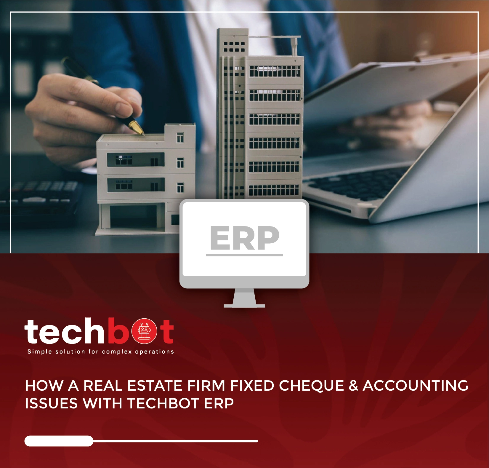 A senior finance manager reviewing automated cheque tracking and accounting reports on Techbot ERP’s localized Odoo dashboard for a UAE real estate company.