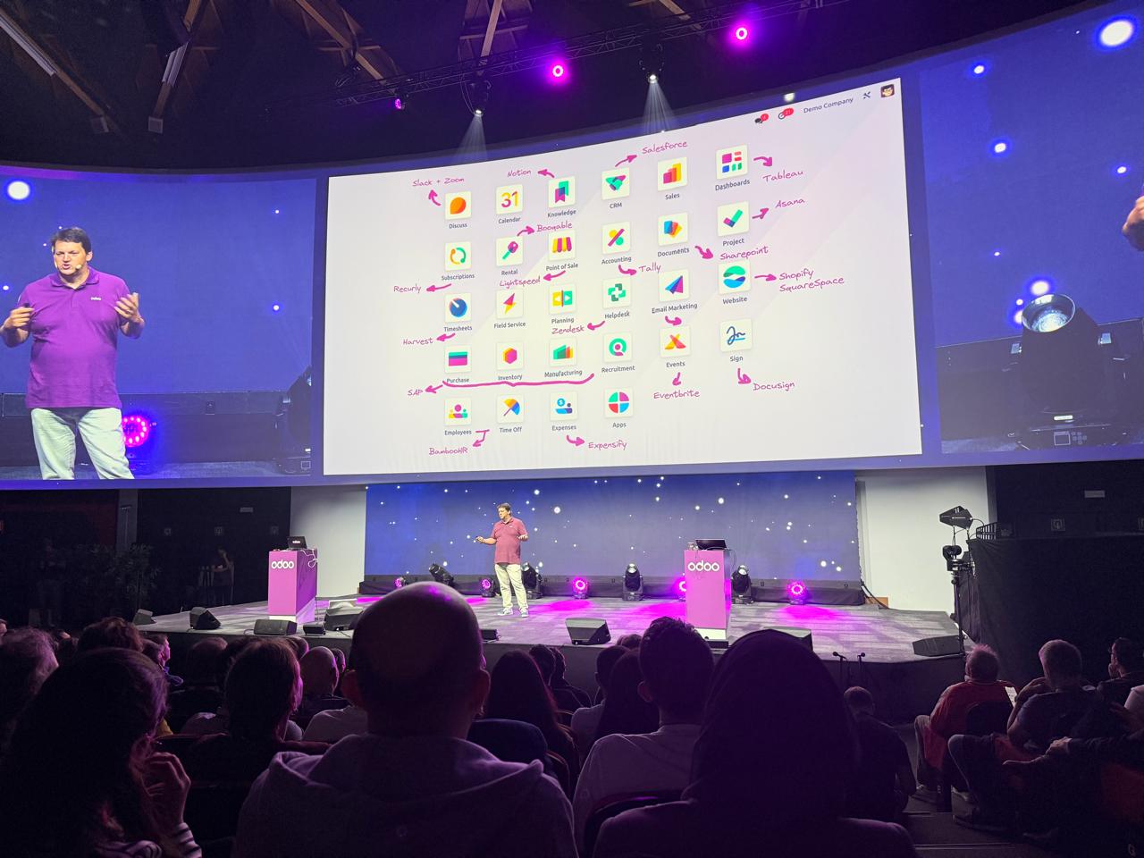 Day 2 highlights of Odoo Experience 2025 Brussels with Techbot ERP showcasing Fabian Pinckaers keynote and new Odoo 19 industry solutions