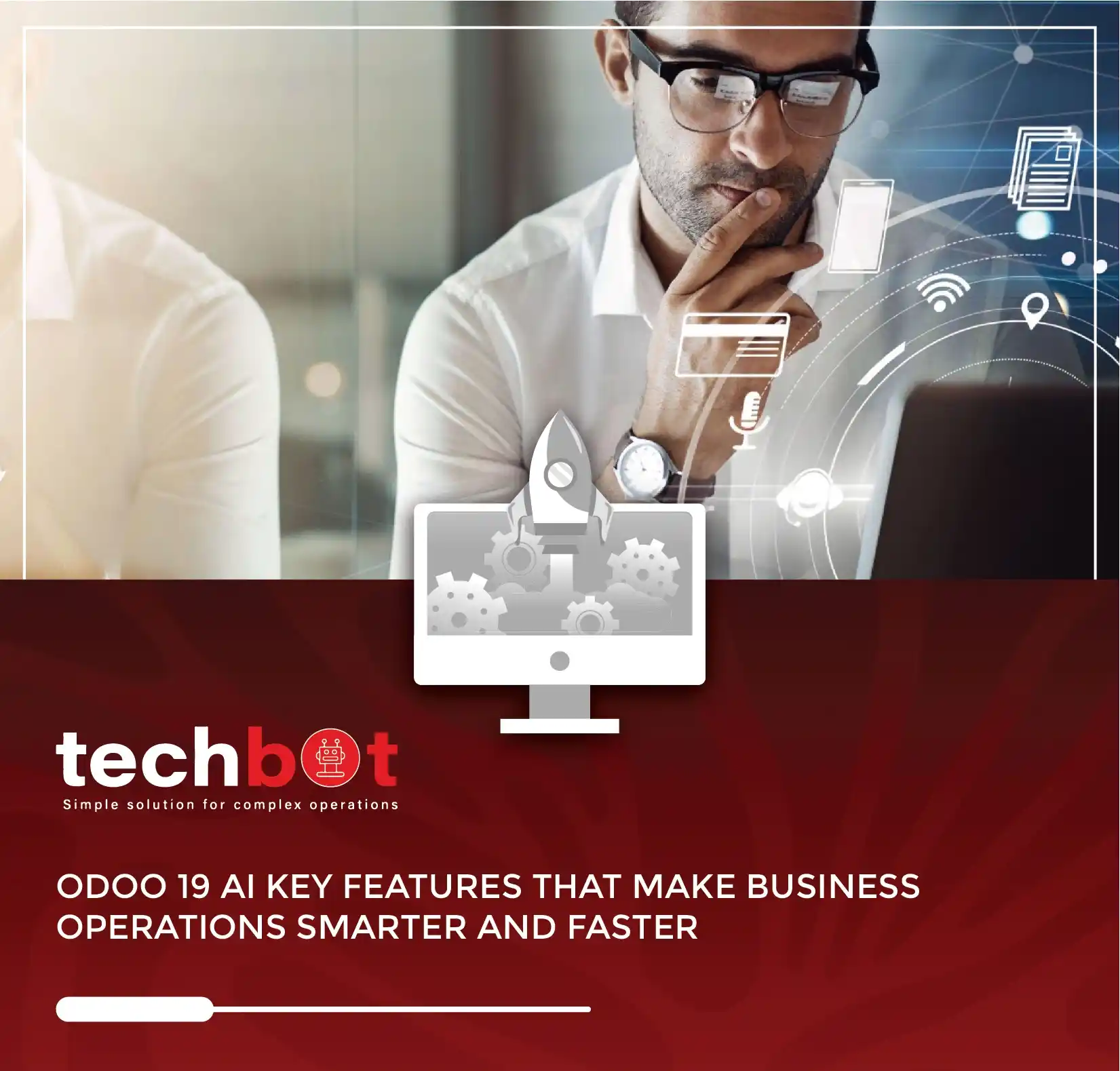 Odoo 19 AI dashboard displaying automation, reporting, voice transcription, and chatbot features implemented by Techbot ERP UAE.